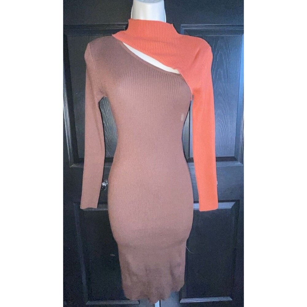 Fashion Nova Sweater Dress M Brown Orange Colorblock Cutout Turtleneck Midi